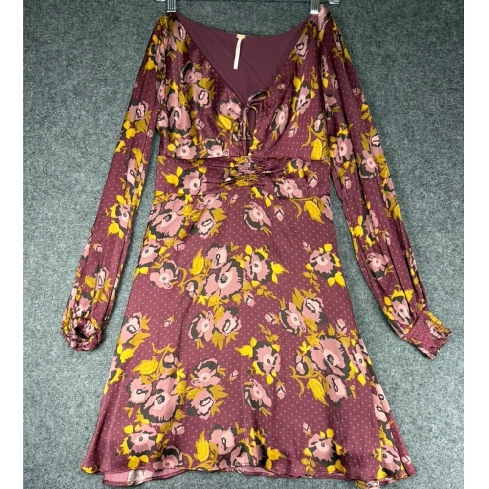 Free People Mini Dress Floral Print Long Sleeve Maroon Size‎ 4
